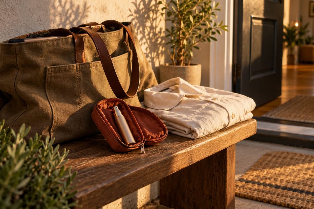 A generic travel atomizer in a fabric pouch beside a canvas work bag and folded shirt near a doorway