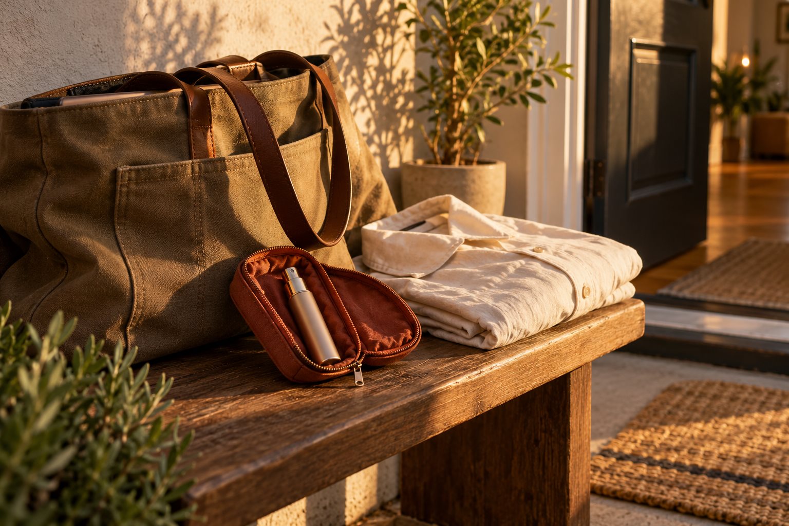 A generic travel atomizer in a fabric pouch beside a canvas work bag and folded shirt near a doorway