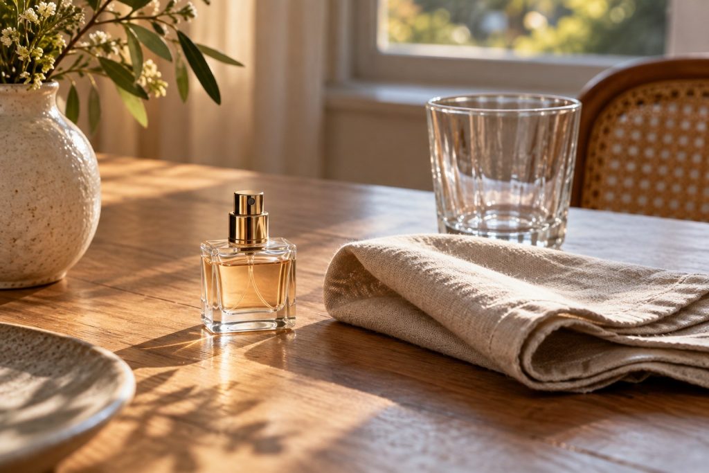 A small perfume atomizer beside a linen napkin and empty drinking glass