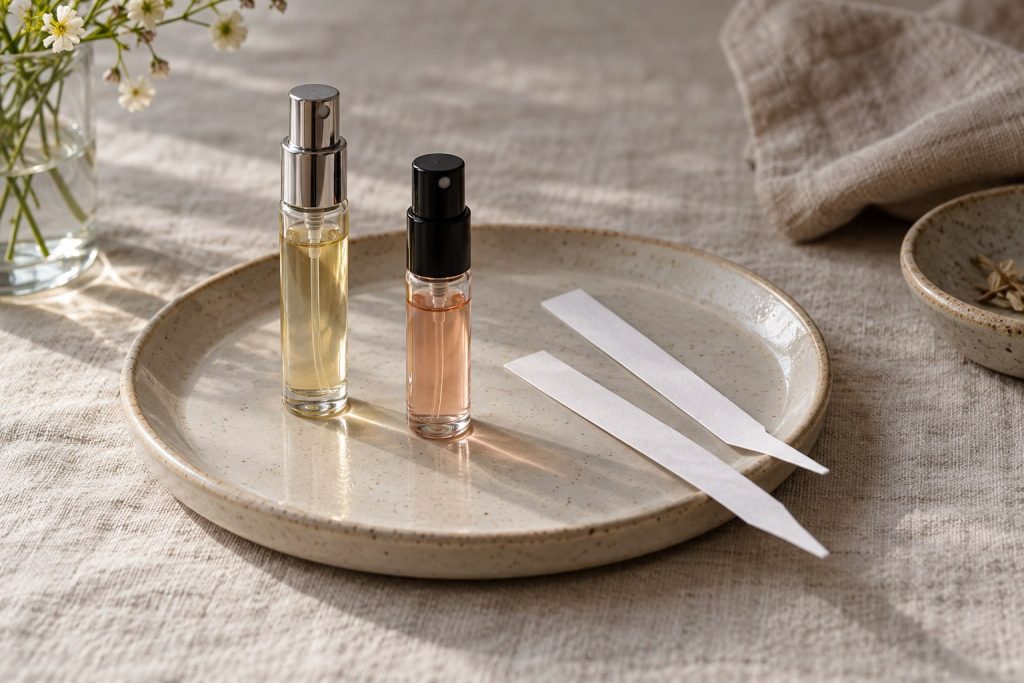 Two generic sample atomizers and separate blotter strips on a ceramic tray