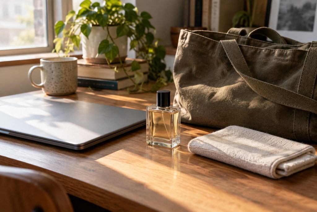 A generic perfume bottle beside a closed laptop and canvas work bag