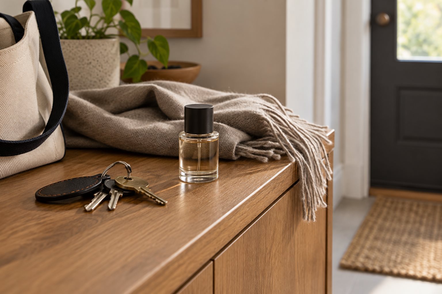 A generic capped perfume bottle beside keys and a folded scarf on an entryway cabinet