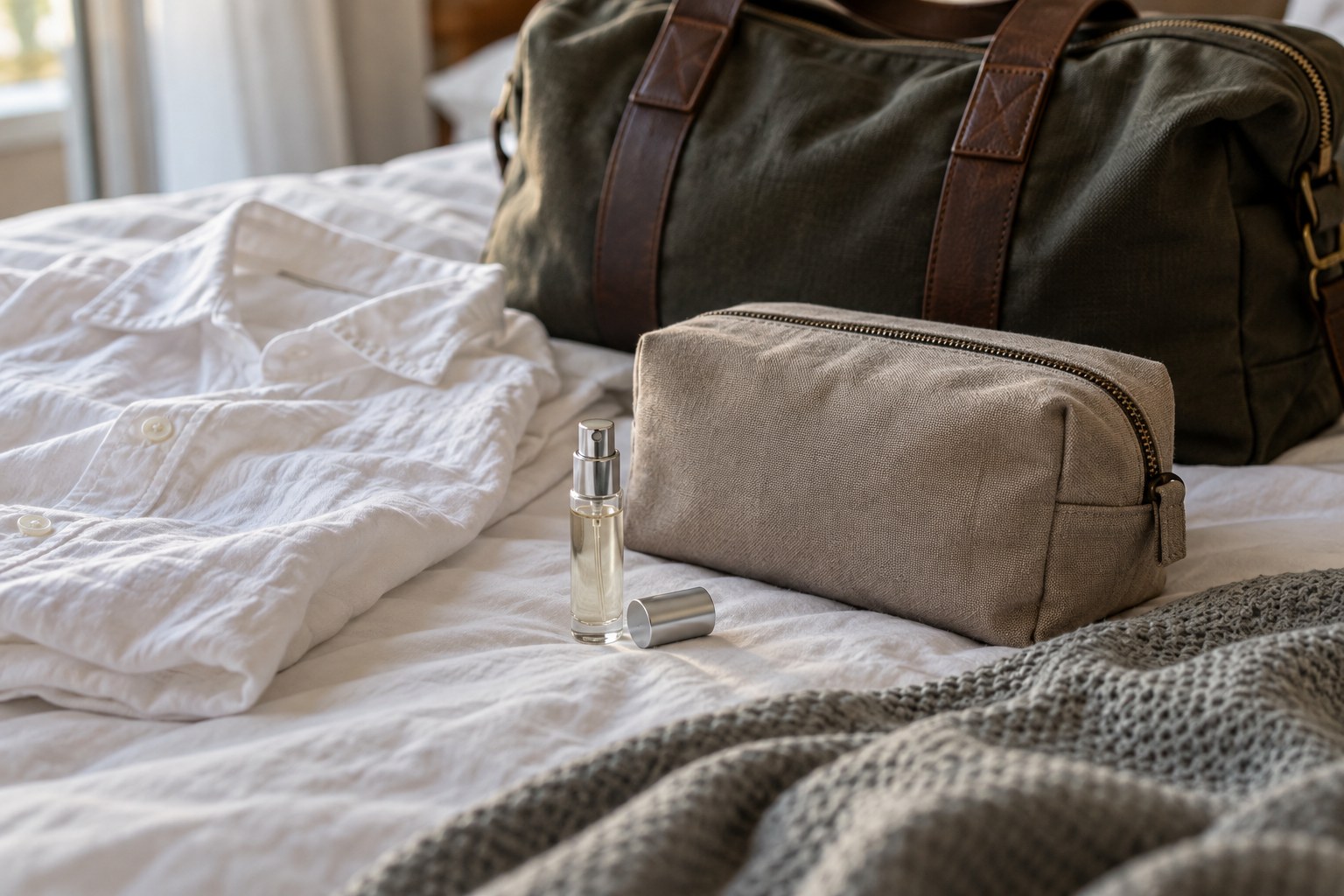 A travel perfume atomizer beside an overnight bag, shirt and toiletry pouch