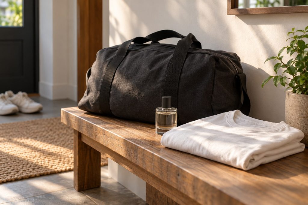 Plain perfume bottle beside gym bag and clean folded shirt