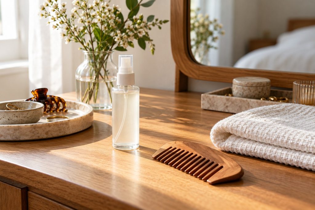 Plain fine-mist bottle beside a wooden comb and folded cotton towel