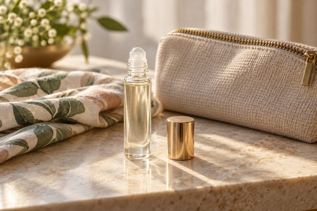 Generic glass roller fragrance bottle with cap beside zipped pouch and folded scarf
