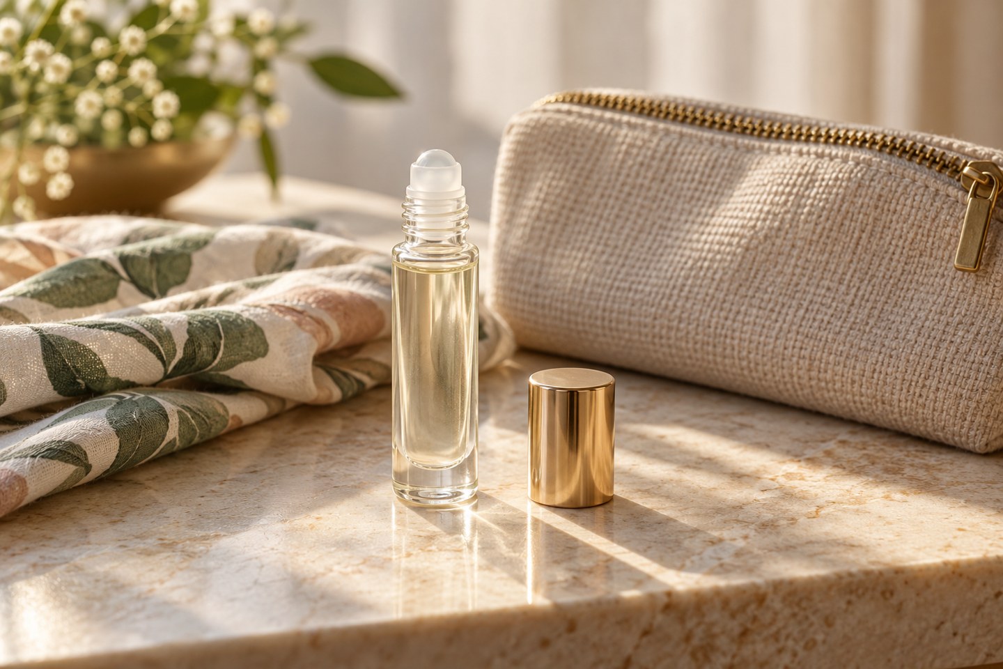 Generic glass roller fragrance bottle with cap beside zipped pouch and folded scarf