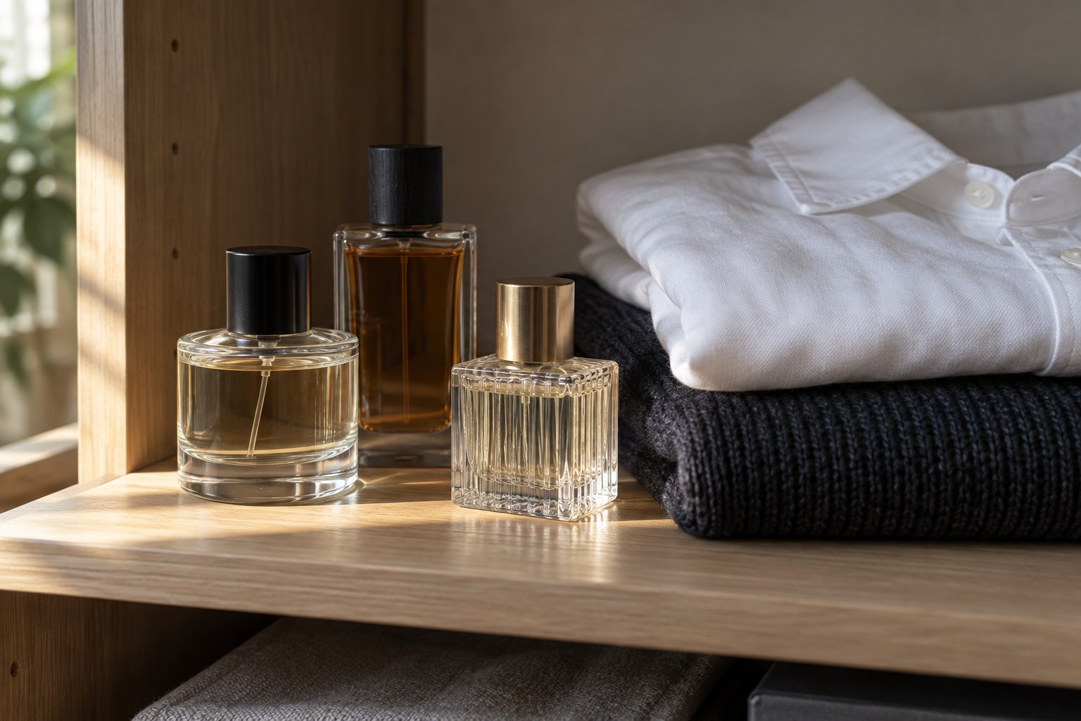 Three generic perfume bottles beside a white shirt and dark knitted sweater